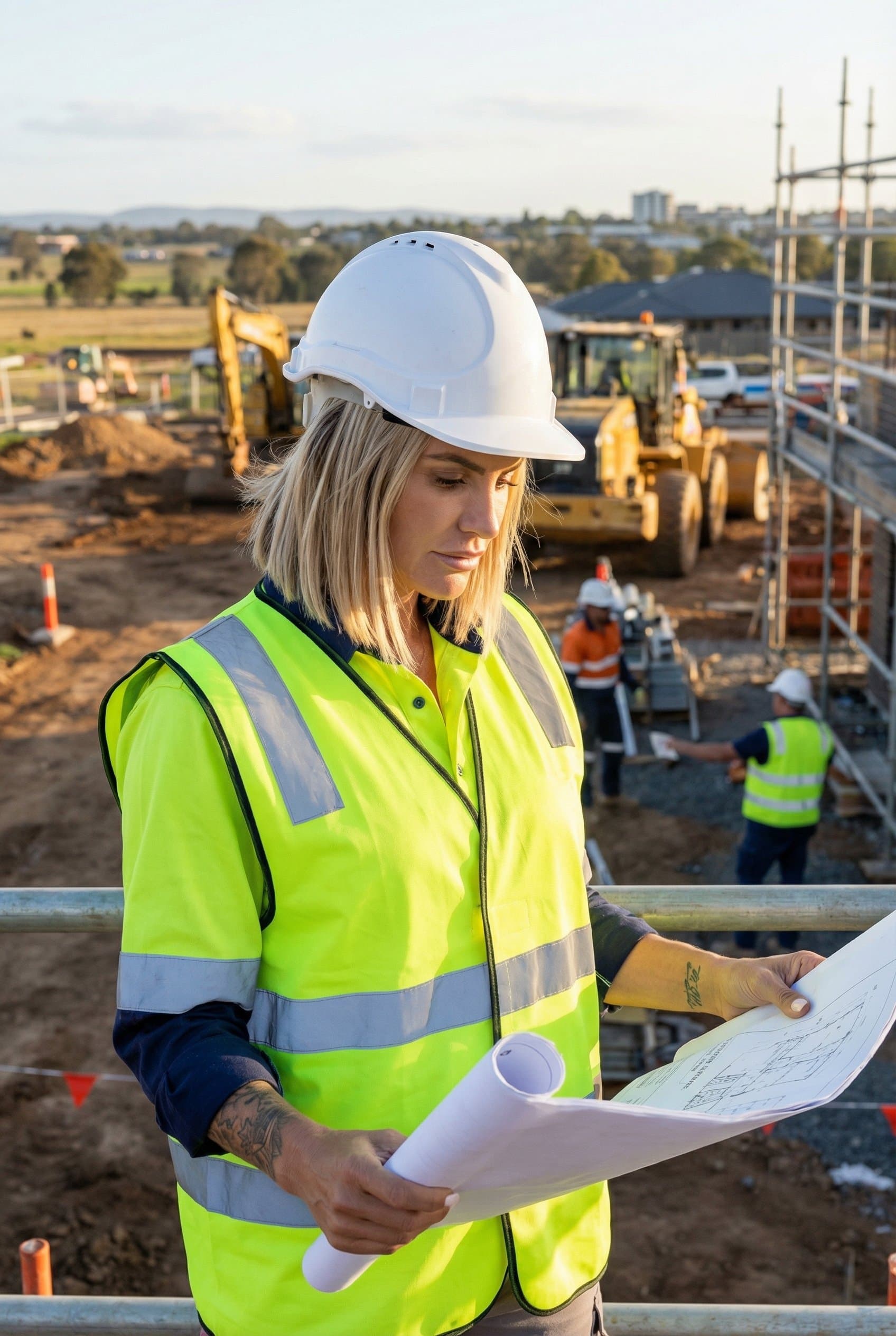 Justine Youl health and safety consultant on a construction site reviewing safety documentation.