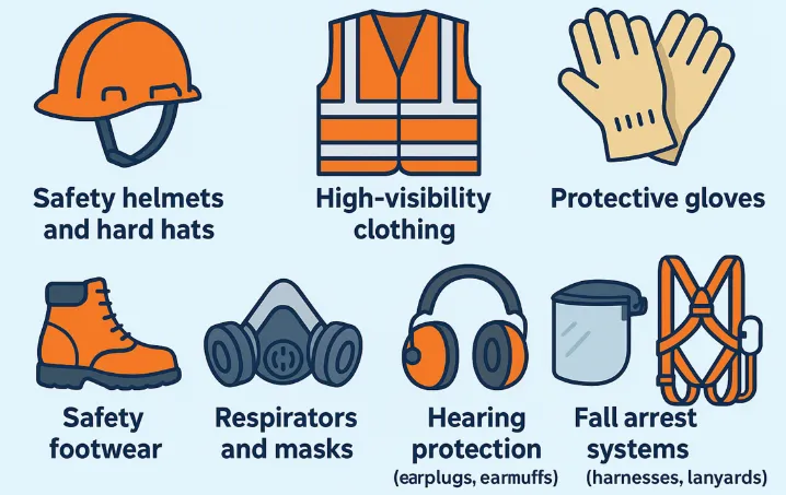 Common types of PPE: safety helmets, high-visibility clothing, protective gloves, safety footwear, respirators, hearing protection and fall arrest harnesses