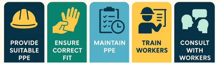 Employer PPE duties: provide suitable PPE, ensure correct fit, maintain PPE, train workers and consult with workers