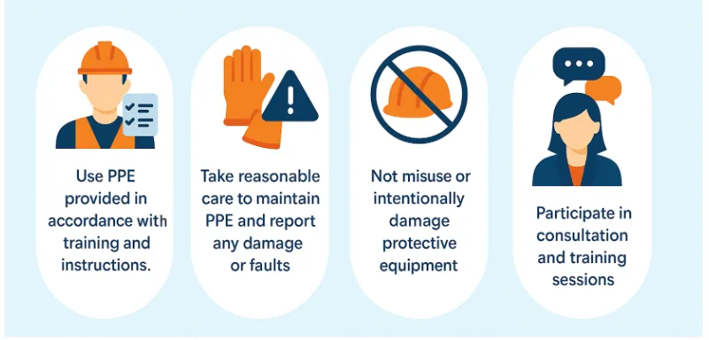 Worker PPE duties: use PPE as trained, maintain it and report damage, don't misuse it, and take part in consultation and training