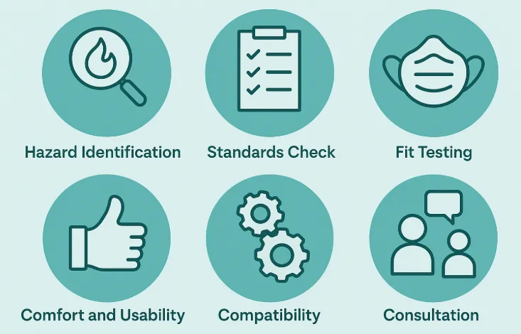 PPE selection steps: hazard identification, standards check, fit testing, comfort and usability, compatibility and consultation