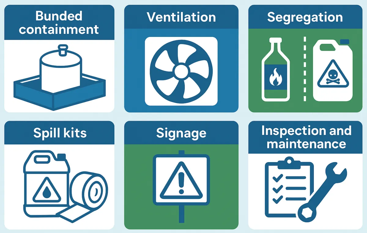 Diesel storage controls: bunded containment, ventilation, segregation, spill kits, signage, and inspection and maintenance