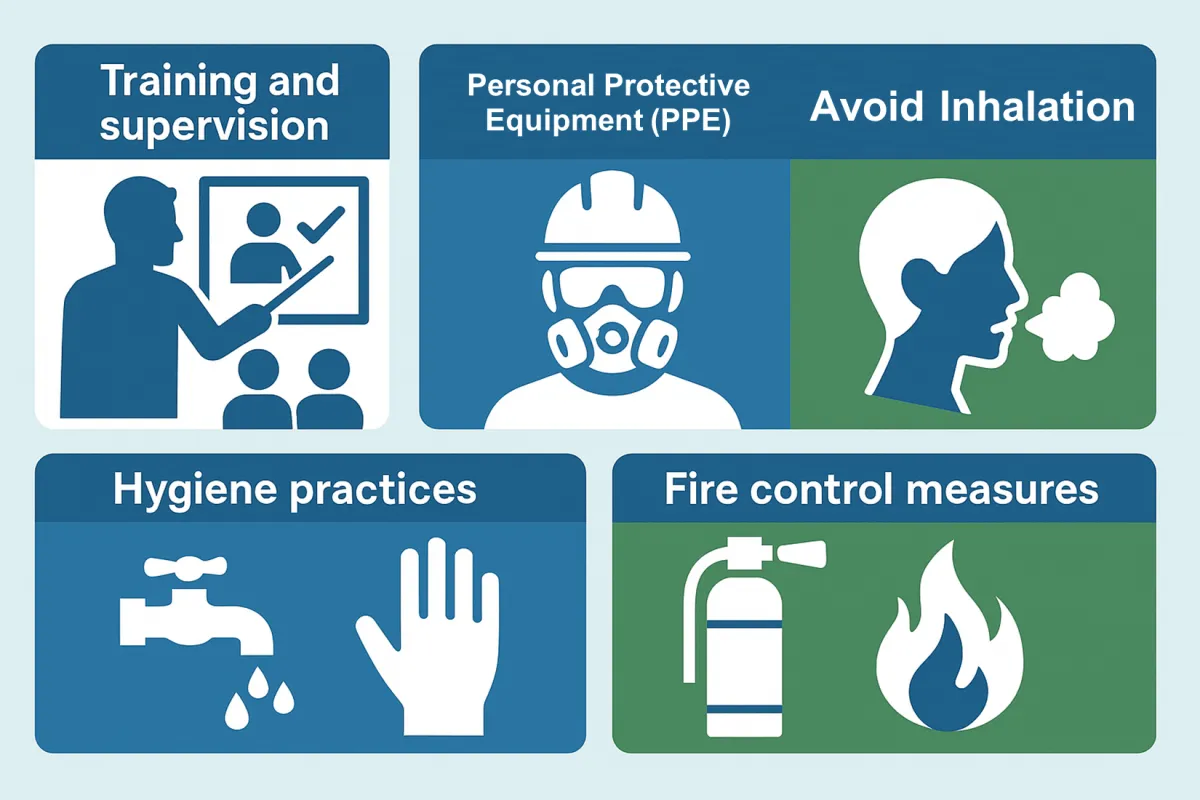 Safe diesel handling: training and supervision, PPE, avoiding inhalation, hygiene practices and fire control measures