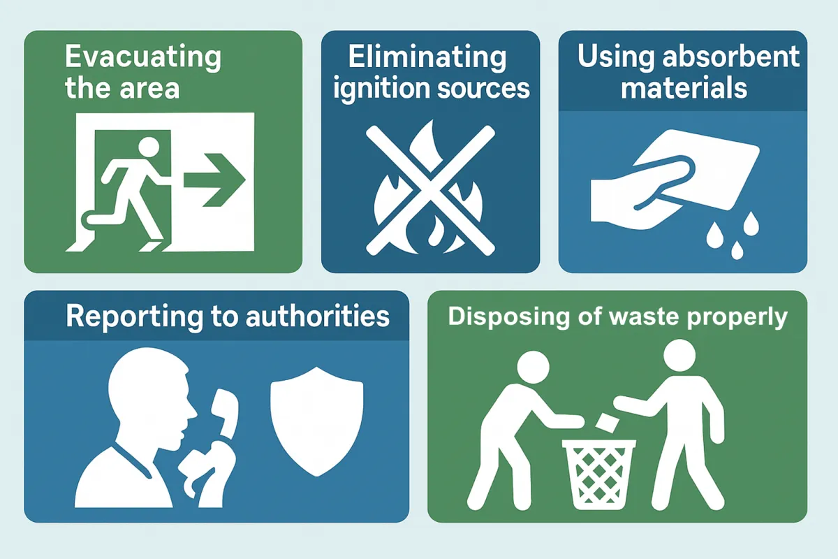 Diesel spill response: evacuate the area, eliminate ignition sources, use absorbents, report to authorities and dispose of waste properly