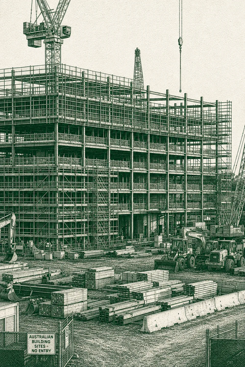 Engraved illustration of a civil infrastructure crew on a project corridor