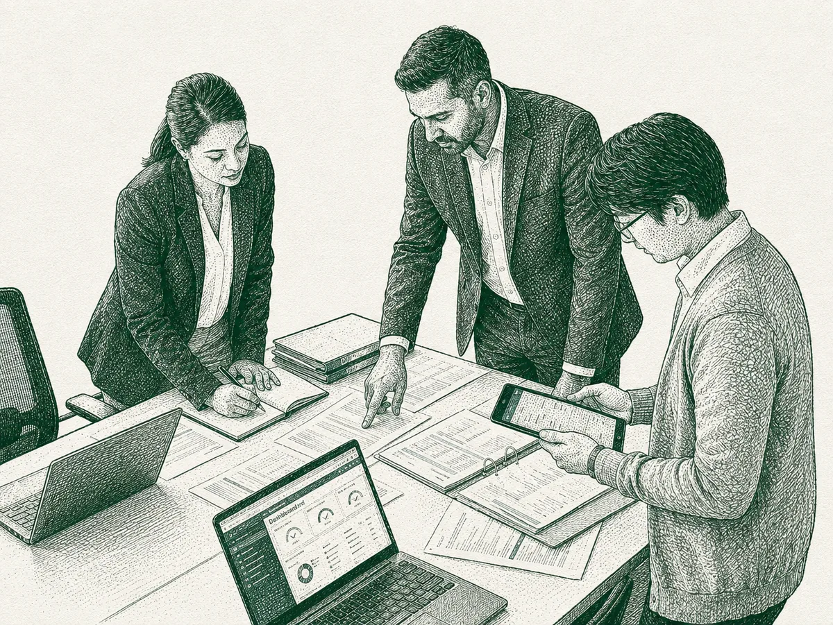 Engraved illustration of a public sector team reviewing compliance documents