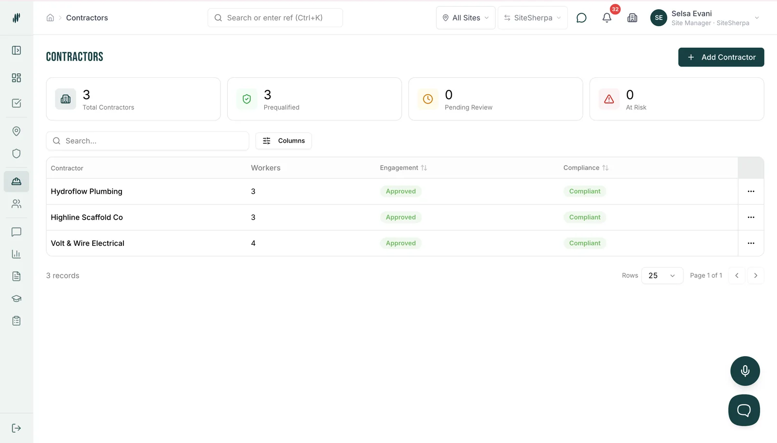 SiteSherpa contractor management with compliance status